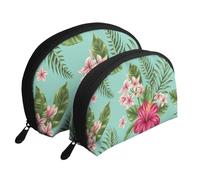 Plumeria e fiori di ibisco stampano foglie di palma nella giungla esotica, Borsa per trucco a conchiglia Portamonete da donna Borsa da toilette piccola Borsa per cosmetici 2 pezzi