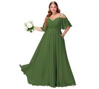 Plus Size Abiti da damigella d'onore con fessura spalla fredda chiffon abito da festa formale abito lungo ospite di nozze con tasche, Verde oliva, 62 Più