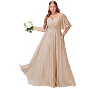 Plus Size Abiti da damigella d'onore con fessura spalla fredda chiffon abito da festa formale abito lungo ospite di nozze con tasche, Champagne, 58 Più