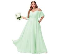 Plus Size Abiti da damigella d'onore con fessura spalla fredda chiffon abito da festa formale abito lungo ospite di nozze con tasche, Menta, 52 Più