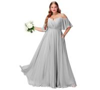Plus Size Abiti da damigella d'onore con fessura spalla fredda chiffon abito da festa formale abito lungo ospite di nozze con tasche, Argento, 42