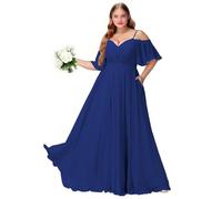 Plus Size Abiti da damigella d'onore con fessura spalla fredda chiffon abito da festa formale abito lungo ospite di nozze con tasche, Blu reale, 42
