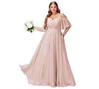 Plus Size Abiti da damigella d'onore con fessura spalla fredda chiffon abito da festa formale abito lungo ospite di nozze con tasche, Rosa cipria, 42