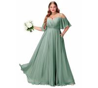 Plus Size Abiti da damigella d'onore con fessura spalla fredda chiffon abito da festa formale abito lungo ospite di nozze con tasche, Eucalipto, 40