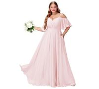 Plus Size Abiti da damigella d'onore con fessura spalla fredda chiffon abito da festa formale abito lungo ospite di nozze con tasche, rosa chiaro, 40
