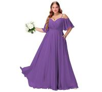 Plus Size Abiti da damigella d'onore con fessura spalla fredda chiffon abito da festa formale abito lungo ospite di nozze con tasche, Viola, 52 Più