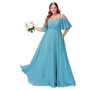 Plus Size Abiti da damigella d'onore con fessura spalla fredda chiffon abito da festa formale abito lungo ospite di nozze con tasche, Acqua, 38