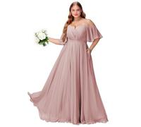 Plus Size Abiti da damigella d'onore con fessura spalla fredda chiffon abito da festa formale abito lungo ospite di nozze con tasche, Rosa polvere, 44