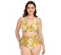 Plus Size Bikini Costumi Da Bagno Regolabile A Nido D'ape Api Margherite Halter Costumi Da Bagno A Vita Alta Delle Donne 2 Pezzi, Margherite api a nido d'ape, XX-Large