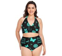 Plus Size Bikini Set Dente Di Leone Blu Farfalla Bikini Halter Top A Vita Alta Donne 2 Pezzi Costume Da Bagno, Farfalla Blu Tarassaco, XX-Large