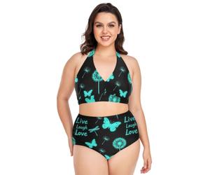 Plus Size Bikini Set Dente Di Leone Blu Farfalla Bikini Halter Top A Vita Alta Donne 2 Pezzi Costume Da Bagno, Farfalla Blu Tarassaco, 3XL