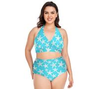 Plus Size Bikini Set per le Donne Regolabile Tropical Seaife stelle marine Aqua Halter Costumi da bagno Controllo pancia Costumi da bagno, Tropical Sea Life Stelle marine Aqua, XL