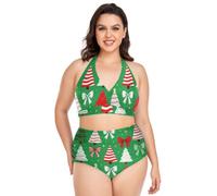 Plus Size Bikini Set Regolabile Albero Di Natale Arco Inverno Verde Halter Costume Da Bagno Controllo Della Pancia Delle Donne 2 Pezzi, Fiocco Albero Di Natale Inverno Verde, L