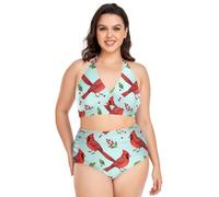 Plus Size Bikini Set Regolabile Uccello Rosso Uccello Bacca Rustico Halter Bikini Top A Vita Alta Costumi Da Bagno Donne 2, Uccello rosso bacca rustica, 4X-Large