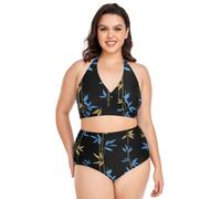 Plus Size Bikini Stile Regolabile Bambù Blu Elettrico Oro e Nero Halter Costume Da Bagno Controllo Pancia 2 Pezzi, Style Bamboos Blu Elettrico Oro e Nero, XL