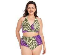 Plus Size Bikinis regolabileopard Cheetah Rainbow Print Halter Bikini vita alta Due pezzi Costume da bagno, Stampa leopardata ghepardo arcobaleno, 4X-Large