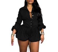 Plus Size Bubble Romper Women,Jumpsuits with Sleeves,Cute Puff Sleeve Romper Dress with Shorts Underneath(Black,M)