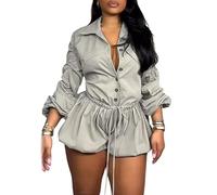Plus Size Bubble Romper Women,Jumpsuits with Sleeves,Cute Puff Sleeve Romper Dress with Shorts Underneath(Light Gray,2XL)