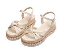 Plus Size Chunky Sole European Style Rope Trimmed Toe Exposed Sandals Summer Single Strap Buckle Solid Color Bow Tie Flat Sandals Sandali da donna con strass, beige., 37 EU