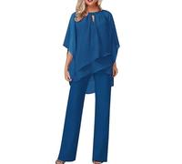 Plus Size Madre Della Sposa Abiti Due Pezzi Chiffon Camicia E Pantaloni A Vita Alta Tuta 2 Pezzi Festival Outfit Elegante Retrò Fluente Cena Abiti Cocktail Matrimonio Ospite Pantaloni Abiti, Blu, XL