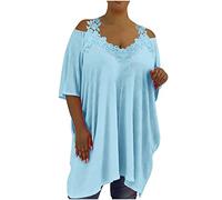 Plus Size - Top estivo da donna, casual, vestibilità larga, in pizzo, a maniche corte, in pizzo, Blu, 5XL