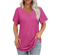 Plus Size Top per le Donne Occhiello Manica Corta Basic Estate Scollo a V T Shirt Elegante Casual Occhielli Tees Carino Fluido Abiti, Rosa acceso, M