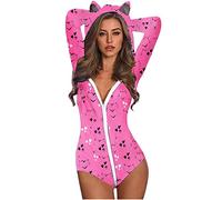 Plus Size Tuta da donna, alla moda, con cappuccio e orecchie di gatto, a maniche lunghe, con stampa pigiama, abbigliamento da donna (rosa L)