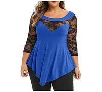 Plus Size Women Solid Floral Lace O-Neck Asimmetric Top, Camicetta da donna, elegante, taglie forti, Blu, 5XL
