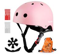Plusawa Casco da bambino certificato EN1078 CE, casco da bicicletta per bambini, mentoniera regolabile, riflettente, bicicletta, pattini, include adesivi 3D + borsa (rosa, M) (Rosa, S)