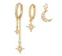 PLUSHCEWT Set di 3 orecchini placcati in oro, con luna e stelle, orecchini a cerchio minimalisti con ciondoli per orecchini da donna, set per più fori