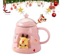 PLUSHCEWT Tazza Natalizia 400ml Con Cucchiaio, Coperchio e Santa Renna - Tazza in Ceramica Carina per Caffè, Genitori e Amici per la Festa di Natale (D)