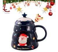 PLUSHCEWT Tazza Natalizia 400ml con Cucchiaio, Coperchio e Santa Renna - Tazza in Ceramica Carina per Caffè, Genitori e Amici per la Festa di Natale (B)