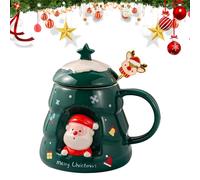 PLUSHCEWT Tazza Natalizia 400ml con Cucchiaio e Coperchio - Tazza da Caffè in Ceramica con Santa e Renna - Regalo per Genitori e Amici (A)