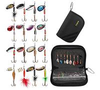 PLUSINNO Kit da 16 esche da pesca con borsa per il trasporto, kit per spigola, trota, salmone in metallo duro