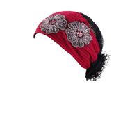Pluto & Fox Cappello con rete di capelli da donna con fiori di paillettes e pizzo stile musulmano turbante nastro per capelli, rosso, Taglia unica
