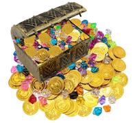 Pluvyze 201 pezzi tesoro dei pirati scrigno del tesoro dei bambini, 100 monete d'oro, 100 pietre preziose per feste dei pirati, regalo di compleanno dei bambini