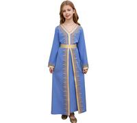PLWEDDING Abaya musulmano bambina manica svasata cerniera maxi abito preghiera islamica scollo a v ricamato lunghezza intera ramadan giuramento vestito vestito con bet, Blu Francese, 7 anni