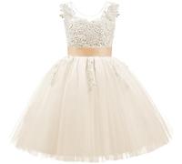PLWEDDING Abito da Sposa in Pizzo con Schiena a V e Tulle per Bambina, Abito da Sposa per Damigelle d'Onore, Abito da Cerimonia per Bambine, Champagne, 6-7 Anni