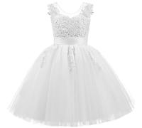 PLWEDDING Abito da Sposa in Pizzo con Schiena a V e Tulle per Bambina, Abito da Sposa per Damigelle d'Onore, Abito da Cerimonia per Bambine, bianco, 2-3 Anni