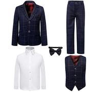 PLWEDDING Boy's - Set di 5 smoking formali per bambini piccoli, vestiti slim fit per matrimoni, Blu a quadri, 14-15 anni