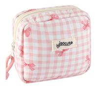 PLwelth Piccola borsa per il trucco per borsa mini borsa cosmetica a scacchi per donne ragazze carino fiocco in cotone sacchetto per trucco con cerniera estetico portatile da viaggio borse da toilette