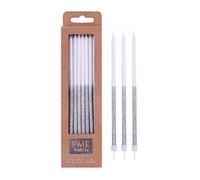 PME - Candele Glitterate Argento con Supporti, 18 cm, Confezione da 16