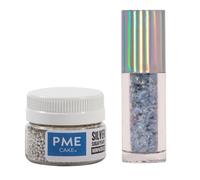 PME Set Glitter Iridescente Commestibile & Perle di Zucchero per Decorazione Torte | Ideale da Abbinare a Nonpareils per Torte e Dolci | Silver Magic Sparkles (3g) & Perle di Zucchero (25g)