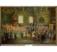 PMEFGJDPE Dipinti Famosi Arte Stampa Tela Stampa di Immagini Tela Lecho de justicia celebrado en el Parlamento por mayoría de Luis XV de Nicolas Lancret per la Decorazione Della Parete 60x90cm