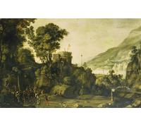 PMEFGJDPE Famoso Arte Stampa Tela Stampa di Immagini Tela un paisaje fluvial montañoso con una escena de la vida de Guillermo Tell de Paul Bril per la Decorazione Della Parete 60x90cm