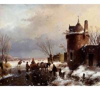 PMEFGJDPE Stampa Pittura Arte Murale Della Pittura Figuras con un trineo tirado por caballos sobre el hielo una ciudad en la distancia de Schelfhout per L'arredamento del Soggiorno 60x90cm