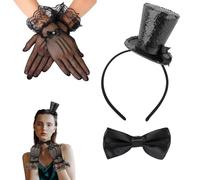 PMELCXD Cappello Mini Cappellaio Matto, Set con Fascia Nera, Papillon e Guanti in Pizzo, Accessorio Elegante per Matrimoni, Feste e Halloween