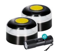 PMK GRUPO Faro V16 omologato DGT con geolocalizzazione + torce elettriche - Luce di emergenza auto omologata - Luce guasta auto con LED ambra 360°, sostituisce triangolo (2 unità + 2 torce elettriche)