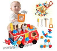 Pmueuff 33 Pezzi Cassetta Attrezzi Bambini, Camion Pompieri Giocattolo in Legno con Cassetta Attrezzi Giochi Montessori Valigetta Attrezzi da Lavoro Giocattolo Regalo per Ragazzo Ragazza 2 3 4 Anni