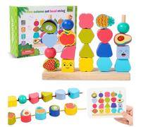 Pmueuff Giocattolo Montessori da 3 4 5 6 Anni, Giocattolo in Legno di Infilare Mattoncini di Impilamento Motricità Fine di Ordinamento Giochi Educativi con Carte, Regalo Costruzioni per Bamb